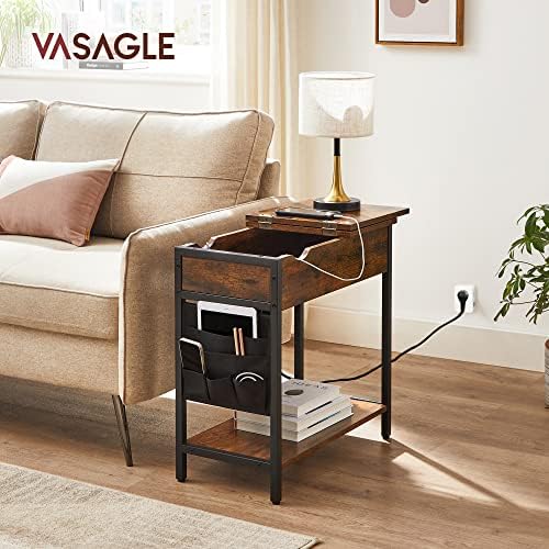 Vasagle Elektrikli Sehpa, Yan Masa, Katlanır Masa, Başucu Masası, Elektrik Soketli, Kumaş Eşya Torbalı,, Kahverengi - Siyah, LET311B01