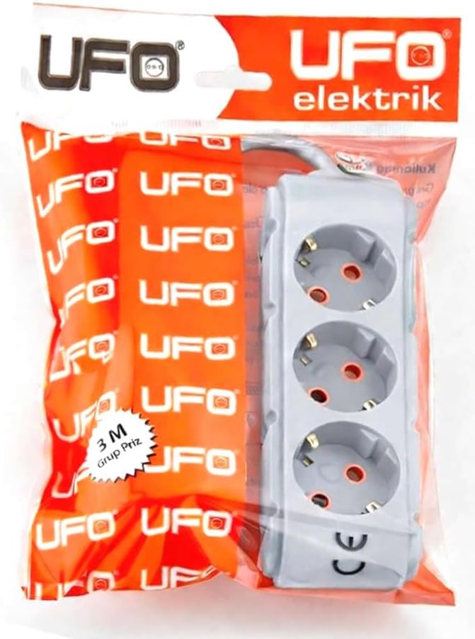 Alternative view of UFO 3lü 3 metre Kablolu Topraklı Grup Priz, 16A 250V, Üçlü Uzatma Kablosu Gri Renk