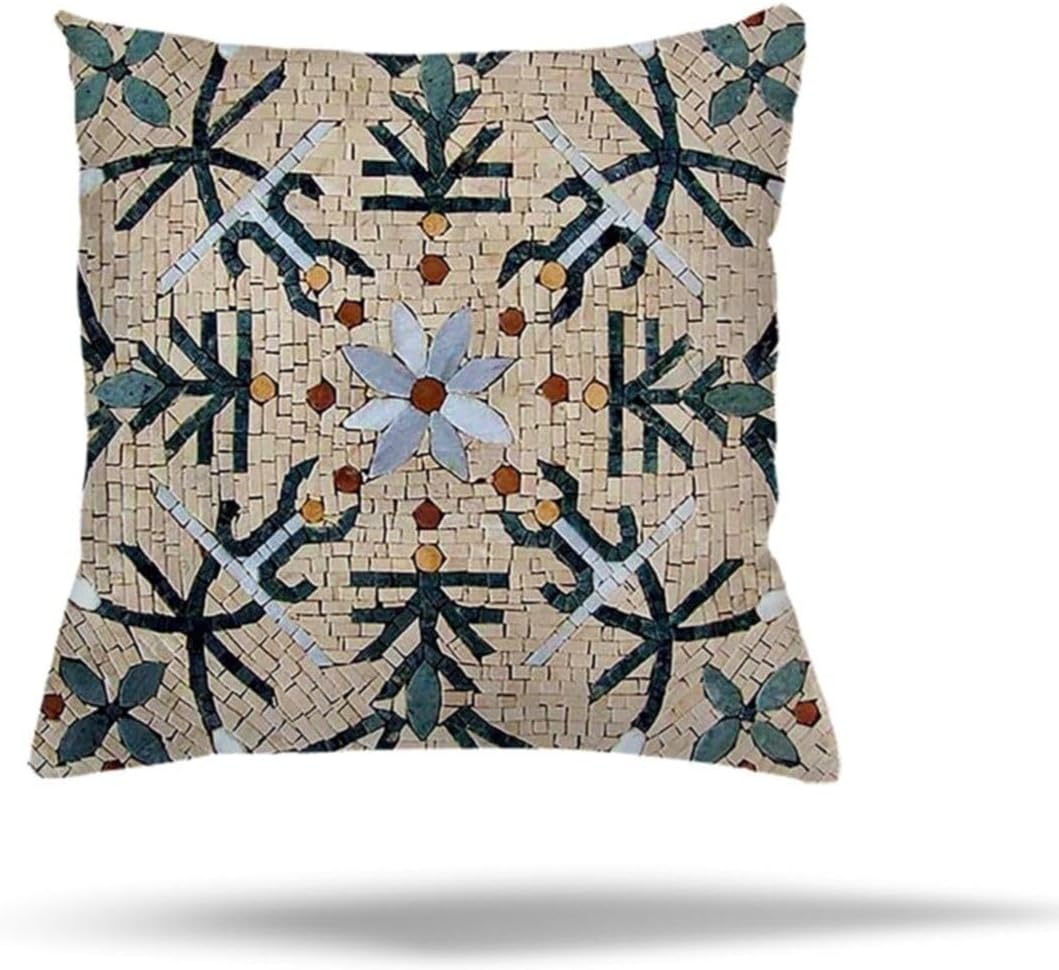 Pelangi Çiçekli Mozaik Kilim Etnik Desen Gizli Fermuarlı Yastık Kılıfı Kırlent Kılıfı Koltuk Yastık Kılıfı, Koyu Yeşil-Bej 45 x 45