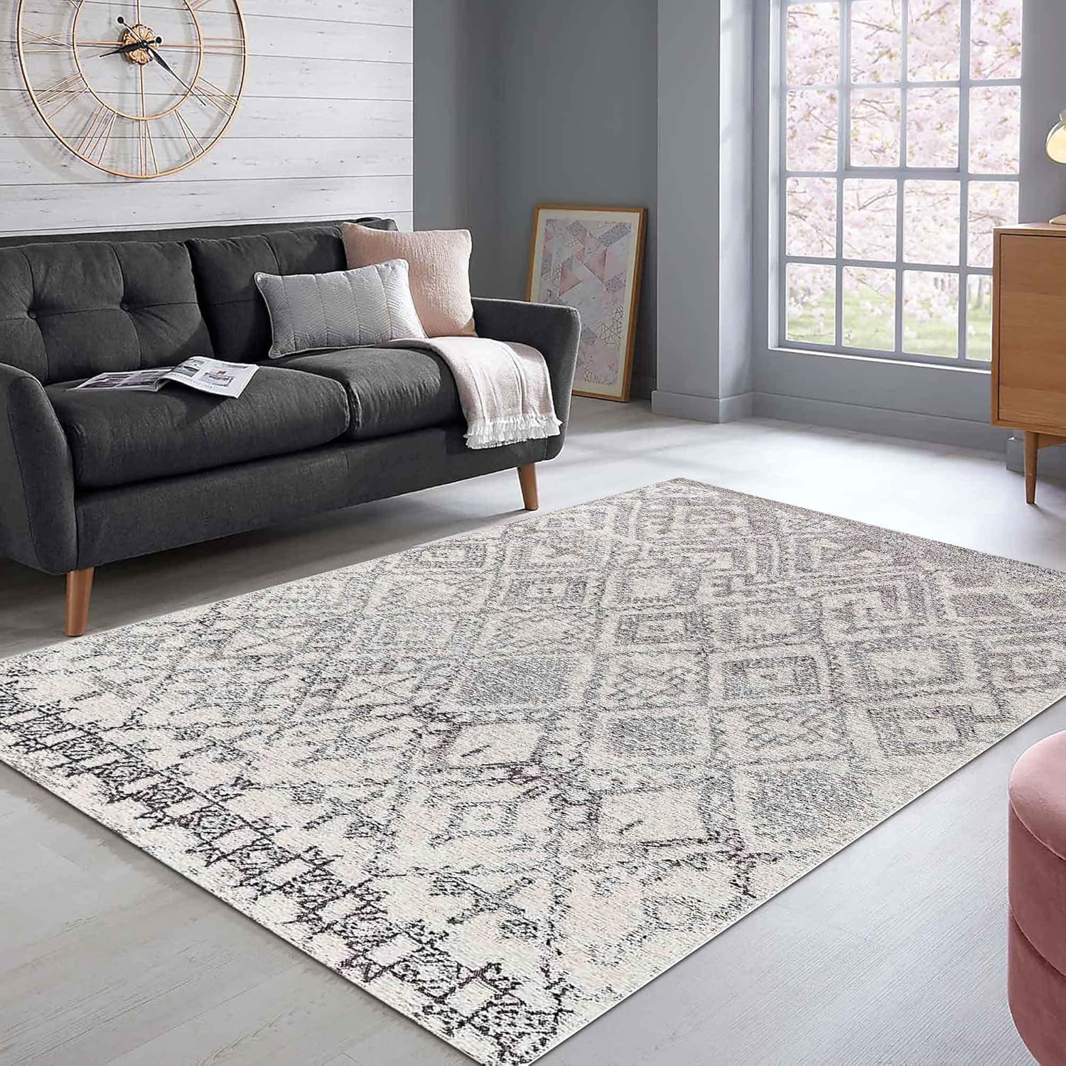 Dizayn Blackshade Desenli Kadife Pamuk Tabanlı Yıkanabilen Kaydırmaz Antibakteriyel Salon Halısı 200x300