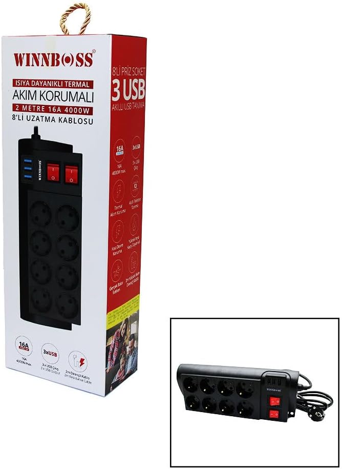 chermik -3411 8'li Termal Akım Korumalı USB'li Uzatma Kablosu, 2 Metre, CHRMK6146, Siyah, Erkek