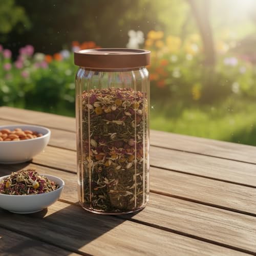 Akasya Kapaklı Çizgili Cam Kavanoz (1000ml /1 Litre) | Hava Geçirmez, Modern Fitilli Tasarım Gıda Saklama Kabı | Kahve, Çay, Kuruyemiş ve Bakliyat Kavanozu (9x20cm)