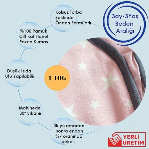 Kışlık ve Mevsimlik, Çift Kat Flanel Kumaş, Bebek Çocuk Uyku Tulumu, 1 TOG (18-36ay)