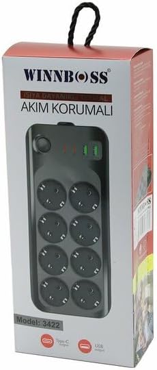 chermik Wınnboss-3422 8'li Priz Uzatma Kablosu USB Type-C Girişli, 2 Metre, CHRMK12268, Siyah, Erkek