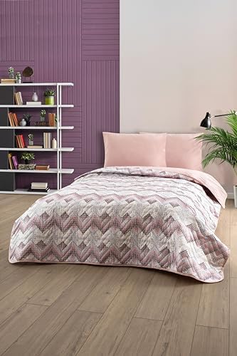 Çift Kişilik Desenli Kapitone Çift Taraflı Renkli Pike Yatak Örtüsü Takımı 200x230 cm (Çarşafsız) (Pudra)