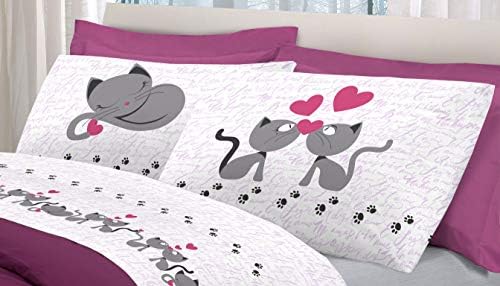 in Italy Çift Nevresim Set Pamuk Kedi, | Komple 2 Boyutları + Pembe Yastık kılıfı ve Kediler Tasarım | Üst levha 250 x 300 + Gömme Alt 180 x 200 + 4 yastık 52 x 82 - Pembe, 2P