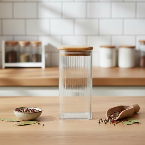 Alternative view of 6'lı Set 425 ml Bambu Kapaklı Kare Cam Kavanoz - 6x12 cm Vakumlu Uzun Boy Şeffaf Erzak Kabı Kahve Çay Baharatlık ve Mutfak Düzenleyici Organizer Saklama Kutusu