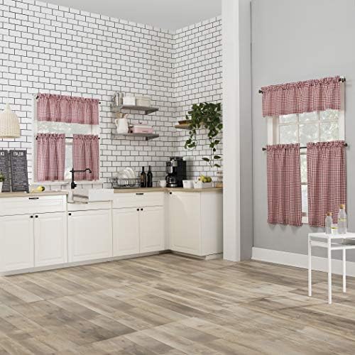 No. 918 Farmhouse Ekose Semi-Sheer Mutfak Perdesi, 137x91 cm, 3 Parçalı Set, Kırmızı/Beyaz