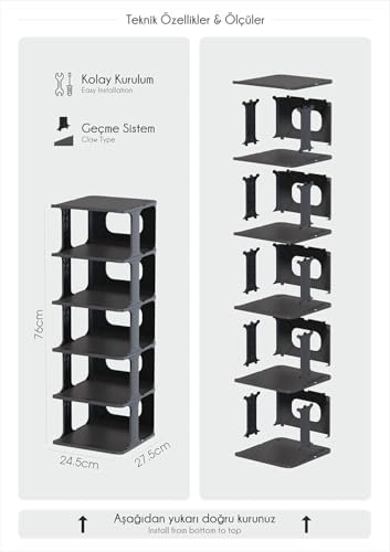 Alternative view of Modern 5 Katlı, Portatif Ayakkabı Rafı, Kolay Kurulum, 76x24.5x27.5 cm, 6 Raf ve Destek Parçaları ile (GRİ)