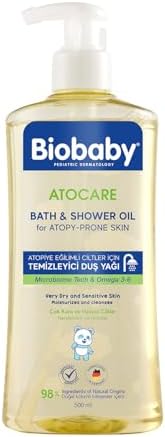 Biobaby Atocare Duş Yağı 500 ml – Atopiye Eğilimli Bebek Ciltleri İçin, Seramid Kompleksli, Omega 3-6, Yulaf Ekstresi ve Prebiyotik İçerikli Temizleyici Yağ