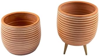 Alternative view of Bitki Tasarımı Ev Dekorasyon Yan Çizgi Desenli Terrakota Toprak Saksı Saksılık Salon Çiçeklik İkili Set Ayaksız - 3 Ayaklı- 15 Cm