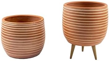 Bitki Tasarımı Ev Dekorasyon Yan Çizgi Desenli Terrakota Toprak Saksı Saksılık Salon Çiçeklik İkili Set Ayaksız - 3 Ayaklı- 15 Cm