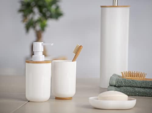 Posa sabunluk, sıvı sabun, losyon veya deterjan için doldurulabilir pompalı dağıtıcı, sürdürülebilir bambu desenli beyaz plastik, (G x Y x D): 7 x 16,5 x 8 cm, kapasite yaklaşık 330 ml