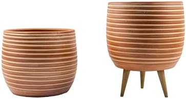 Bitki Tasarımı Ev Dekorasyon Yan Çizgi Desenli Terrakota Toprak Saksı Saksılık Salon Çiçeklik İkili Set Ayaksız - 3 Ayaklı- 15 Cm - Görsel 3