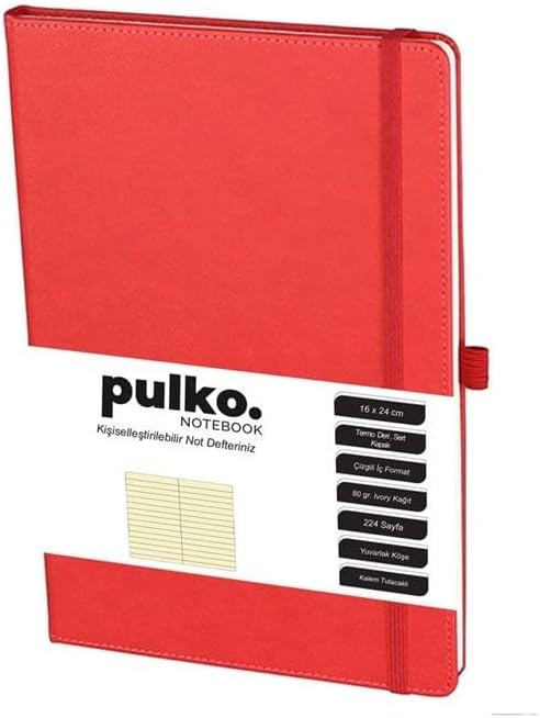 PULKO Notebook Not Defteri, 16X24CM, Termo Deri, 224 Sayfa, Çizgili, 041, Kırmızı