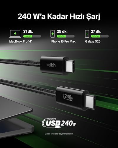 2'li Örgülü USB-C - USB-C Kablo, 1,5 m, 240 W, Yumuşak, Esnek ve Hızlı Şarj Kablosu, 17 ve 16 Serisi, Galaxy S25, 10, iPad Pro ve Daha Fazlasıyla Uyumlu, Siyah