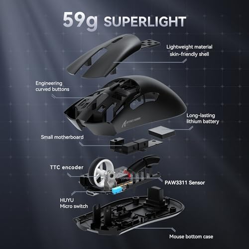 Alternative view of ATTACK SHARK R1 59g SUPERLIGHT Fare, PixArt PAW3311 Oyun Sensörü, BT/2.4G Kablosuz/Kablolu Oyun Faresi, 18000'e kadar 6 Ayarlanabilir DPI, 65 Saat Pil (Siyah)