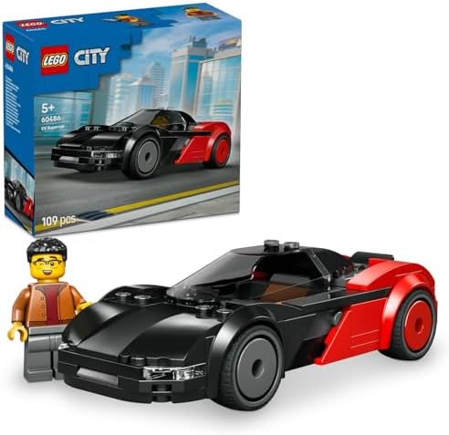 City Elektrikli Süper Araba 60486 – 5 Yaş ve Üzeri Erkek ve Kız Çocuklar için Sürücü Minifigürü İçeren Yaratıcı Oyuncak Yarış Arabası Yapım Seti, Çocuklar için Hediye Fikri (109 Parça)