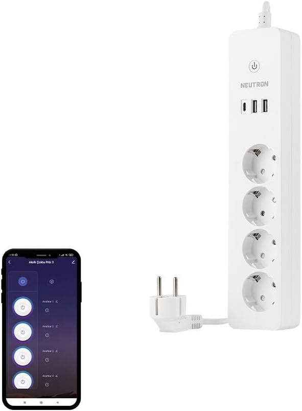 Alternative view of Akıllı Wi-fi Destekli 16a 4'lü Çocuk Kilitli Akım Korumalı Çoklu Priz - NeutronLife Uygulaması Üzerinden Kontrol - Zamanlayıcı Fonksiyon - USB Type-C girişleri - 4'lü Priz