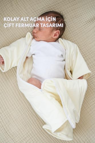 Minuche%100 Pamuk Bebek Uyku Tulumu - Elyaf Dolgulu ve Kolay Alt Değiştirme İçin Çift Fermuarlı (Krem, 6-9 Ay)