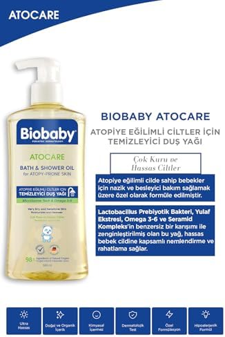 Biobaby Atocare Duş Yağı 500 ml – Atopiye Eğilimli Bebek Ciltleri İçin, Seramid Kompleksli, Omega 3-6, Yulaf Ekstresi ve Prebiyotik İçerikli Temizleyici Yağ - Görsel 3