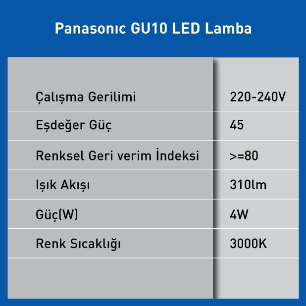 LED GU10, SICAK BEYAZ IŞIK 4W 310LM 3000K 60°