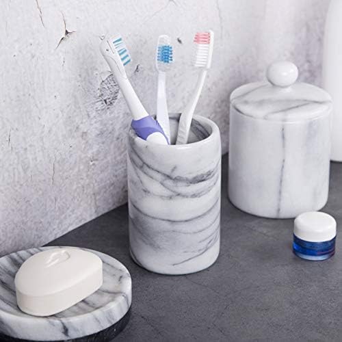 Alternative view of Lüks El Oyması Doğal Mermer Diş Fırçası ve Makyaj Fırçası Tutacağı - Banyo, Vanity, Ofis ve Masa Organizatörü için Ağır Hizmet Tayvan Yushan Taşı (8,4 cm x 11,5 cm, Off-Beyaz)