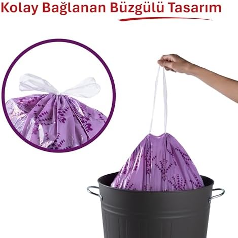 Lavanta Kokulu Büyük Boy Büzgülü Çöp Poşeti 10'lu 65x70 cm, Kolay Bağlanır Kokulu Büzgülü Büyük Boy Çöp Torbası, Sızdırmaz, Yırtılmaz, Geri Dönüştürülebilir Torba, Ekstra Güçlü Çöp Poşeti