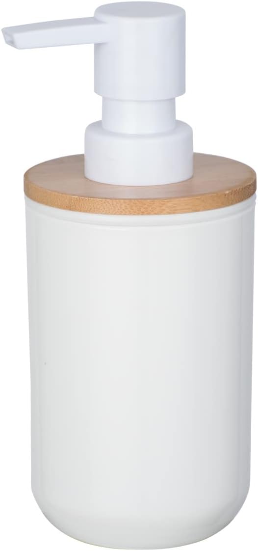 Posa sabunluk, sıvı sabun, losyon veya deterjan için doldurulabilir pompalı dağıtıcı, sürdürülebilir bambu desenli beyaz plastik, (G x Y x D): 7 x 16,5 x 8 cm, kapasite yaklaşık 330 ml - Görsel 3