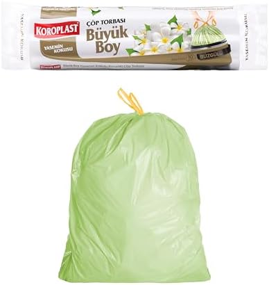 Yasemin Kokulu Büyük Boy Büzgülü Çöp Poşeti 10'lu 65x67 cm, Kolay Bağlanır Kokulu Büzgülü Büyük Boy Çöp Torbası, Sızdırmaz, Yırtılmaz, Geri Dönüştürülebilir Atık Torbası, Güçlü Çöp Poşeti