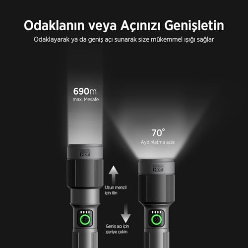 Bix Flashlight BX5141FL 30W LED, Max. 1450 Lümen Parlaklık ve 690 Metreye Kadar Menzilli 2200mAh Şarj Edilebilir LED Bildirimli Kompakt El Feneri