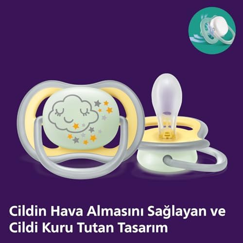 Ultra Air Gece Emzik, 18 Ay+, 2’li Paket, Karanlıkta Parlayan, Ortodontik Silikon, Geniş Hava Delikli, Mikrodalga Sterilize Edilebilir, BPA İçermez, SCF376/01