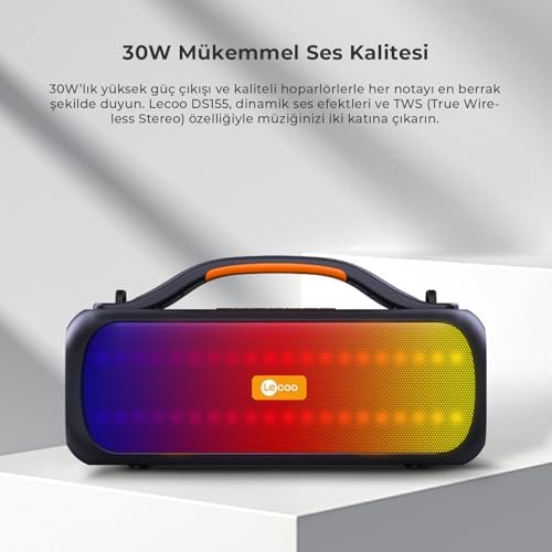 DS155 30W Kablosuz Bluetooth 5.0 RGB Aydınlatmalı IPX5 Suya Dayanıklı TWS Boombox Taşınabilir Hoparlör Siyah - Görsel 2