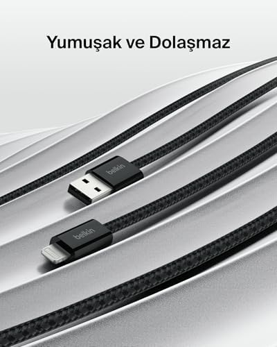 2'li Örgülü USB-A - Lightning Kablo, 1,5 m, Yumuşak, Esnek ve Hızlı Şarj Kablosu, 14 ve Önceki Modeller, 9. Nesil iPad ve AirPods ile Uyumlu, Siyah