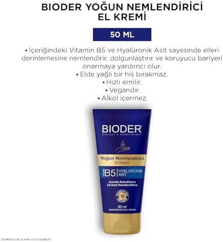 Bioder Yoğun Nemlendirici El Bakım Kremi 50 ml – Hyalüronik Asit ve B5 Vitamini İçerikli, Hızlı Emilen Nemlendirici