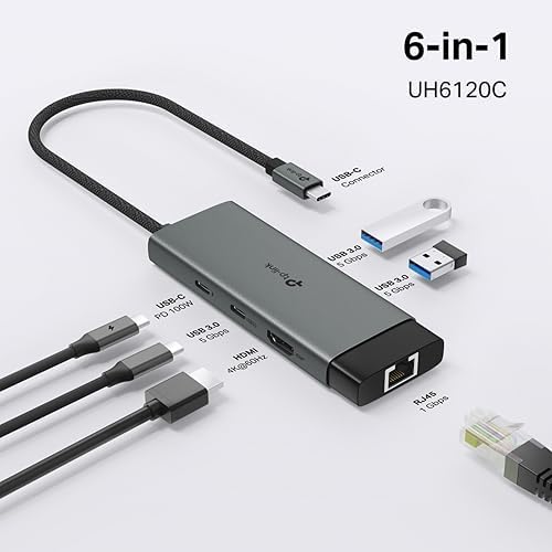 UH6120C, 1 HDMI, 1 100W Hızlı Şarj Portu, 1 USB-C, 2 USB-A 3.0 Port ve Type C den Gigabit Ethernet Dönüştürücü
