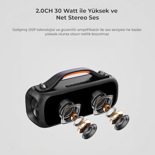 DS155 30W Kablosuz Bluetooth 5.0 RGB Aydınlatmalı IPX5 Suya Dayanıklı TWS Boombox Taşınabilir Hoparlör Siyah - Görsel 3