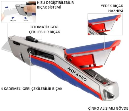 WP213015 Ağır Hizmet Alüminyum Gövde Otomatik Geri Çekilebilir Rötuş Maket Bıçağı + 5 Adet Yedek Bıçak