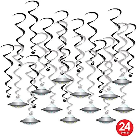 24 Parça Uçan Tabak Whirls Dış Mekan Süslemeleri Uzaylı Parti Malzemeleri Asılı Spiraller, 44,5 cm - 63,5 cm, Siyah/Gümüş/Beyaz/Mavi/Yeşil - Görsel 3