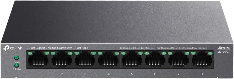 Alternative view of LS108GP | 8-Port Gigabit PoE+ Switch | 62W PoE Bütçesi, 250m İletim, Tak ve Çalıştır | Fansız, Sessiz Metal Kasa | IP Kamera & AP Uyumlu Ağ Anahtarı