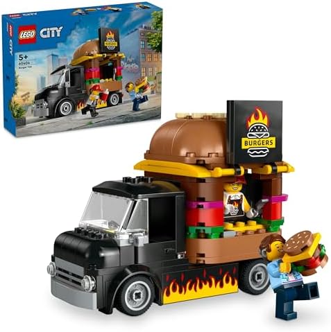 City Hamburger Kamyonu 60404-5 Yaş ve Üstü Kız ve Erkek Çocuklar için Satıcı Mini Figürü ve Aksesuarlar içeren Araç Yapım ve Mutfak Oyun Seti, Çocuklar için Yaratıcı Hediye Fikri (194 Parça)