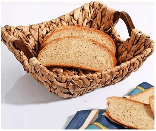Kosova Wicker Serisi Bezli Kare Ahşap Kulplu Hasır Ekmek Sepeti