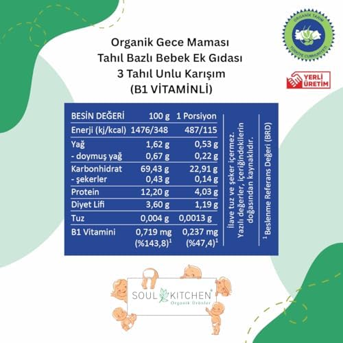 Organik Bebek Gece Maması Tahıl Bazlı B1 Vitaminli Ek Gıda 3 Tahıl Unlu Karışım 250gr