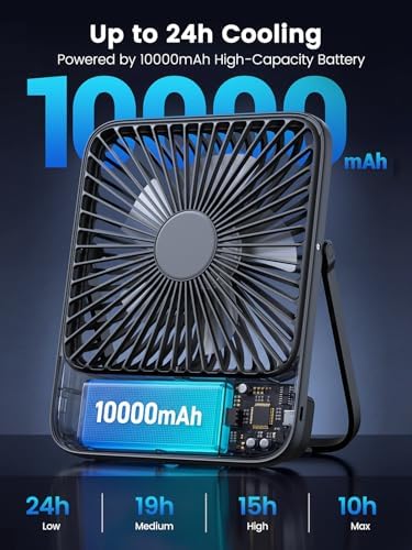 10000 mAh taşınabilir vantilatör, 21 cm kişisel masa vantilatörü, pil, ultra sessiz ve süper düz, dijital göstergeli, 10 – 24 saat çalışma süresi, ofis, seyahat, yatak odası, kamp için ideal