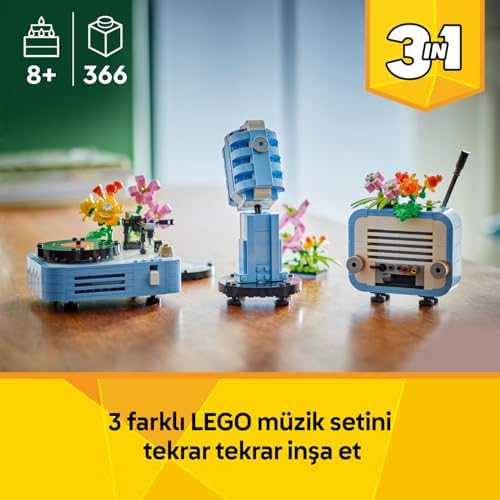 3’ü 1 Arada Çiçekli Pikap 31172-8 Yaş ve Üzeri Kız ve Erkek Çocuklar için Radyo ve Mikrofona Dönüşebilen Yaratıcı Oyuncak Yapım Seti, Müzik Oyuncakları Yaratıcı Hediye Fikri (366 Parça)