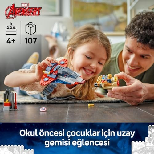 ǀ Kaptan Amerika, Thanos'a Karşı 76319 – 4 Yaş ve Üzeri Süper Kahraman ve Uzay Gemisi Hayranı Çocuklar için Eğlenceli Oyunlar Sunan Minifigürlü Yapım Seti, Harika Hediye Fikri (107 Parça)