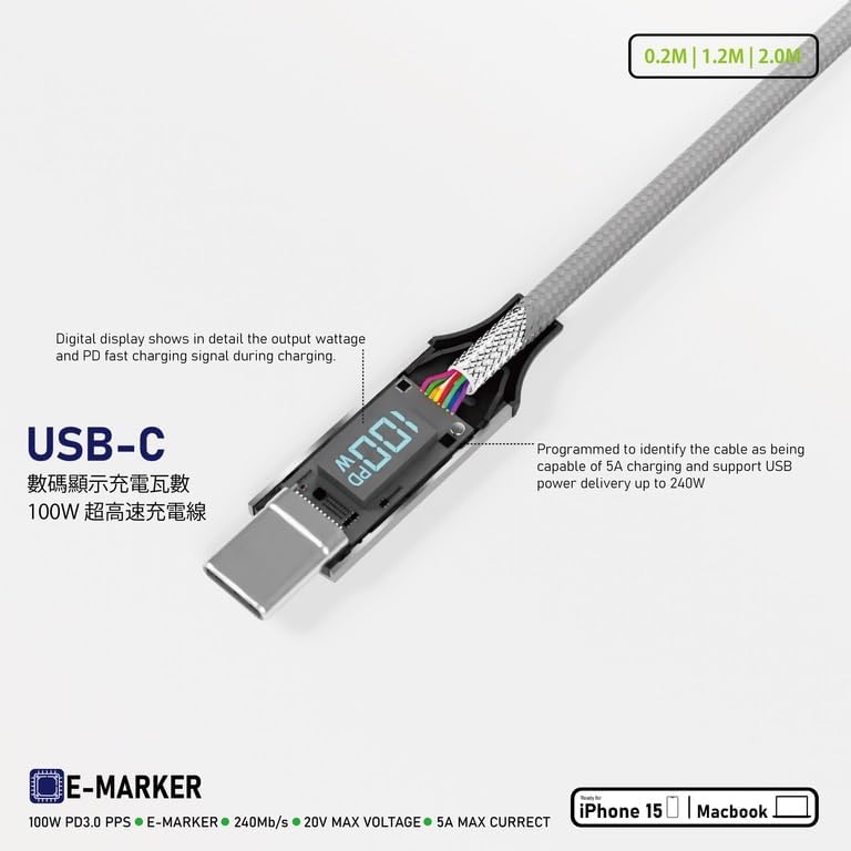 100W 5A Pd Şarj Kablosu 200 cm Led Güç Göstergeli Hızlı Şarj ve Data Kablosu 480MPS Type-C to Type-C PD 3.0 PPS