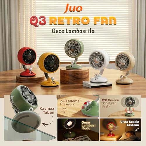 Alternative view of Q3 120° Salınımlı 3 Kademeli LED Işıklı Şarjlı Masaüstü Fan Vantilatör Retro Sarı