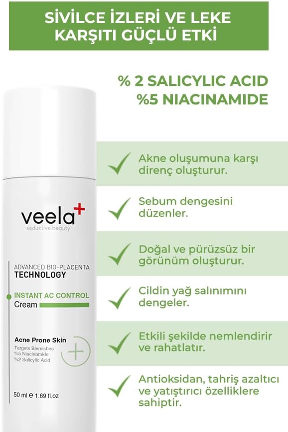 Veela AC Control Cream – Akneli Ciltler İçin Onarıcı Krem |%2 Salisilik Asit &%5 Niasinamid | Sivilce ve Leke Karşıtı Etkili Bakım