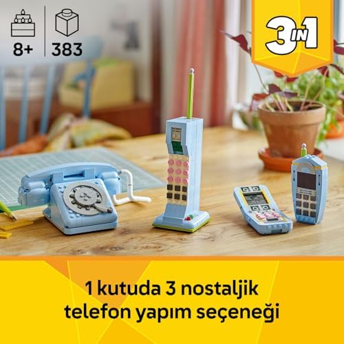 3'ü 1 Arada Retro Telefon 31174 – 8 Yaş ve Üzeri Çocuklar için 1980'ler veya 2000'ler Modeli Olarak İnşa Edilebilen Nostaljik Oyuncak Yapım Seti, Eğlenceli Hediye Fikri (383 Parça)